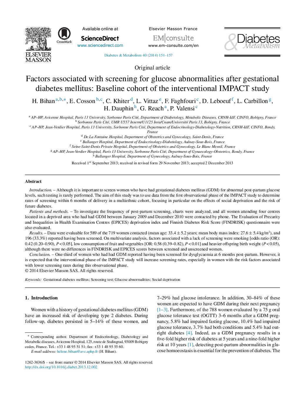 Factors associated with screening for glucose abnormalities after gestational diabetes mellitus: Baseline cohort of the interventional IMPACT study