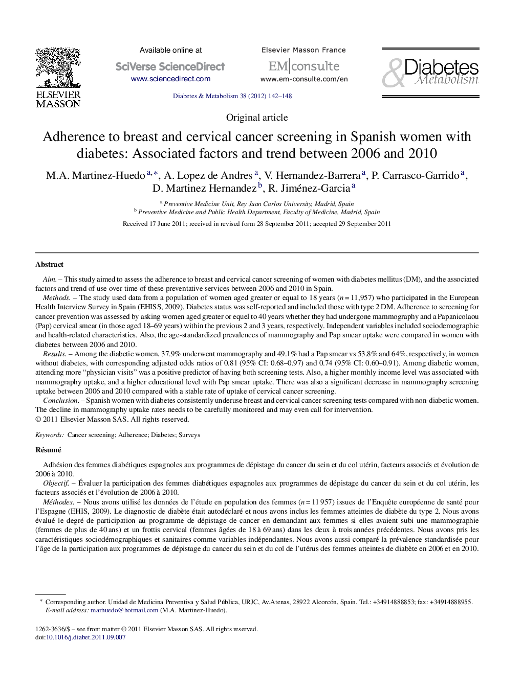 Adherence to breast and cervical cancer screening in Spanish women with diabetes: Associated factors and trend between 2006 and 2010