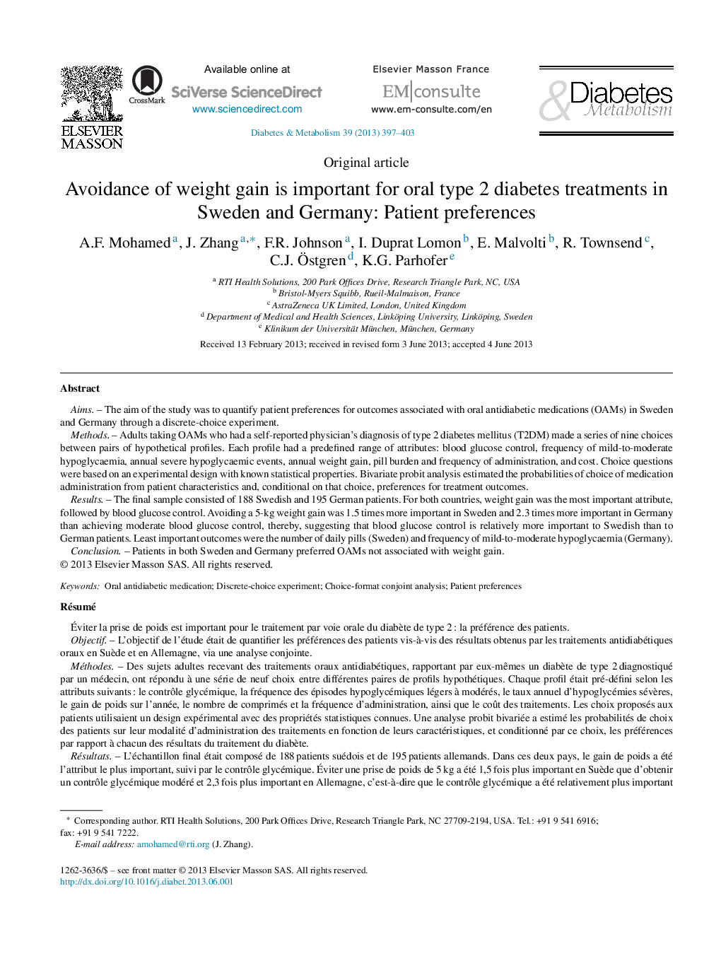 Avoidance of weight gain is important for oral type 2 diabetes treatments in Sweden and Germany: Patient preferences