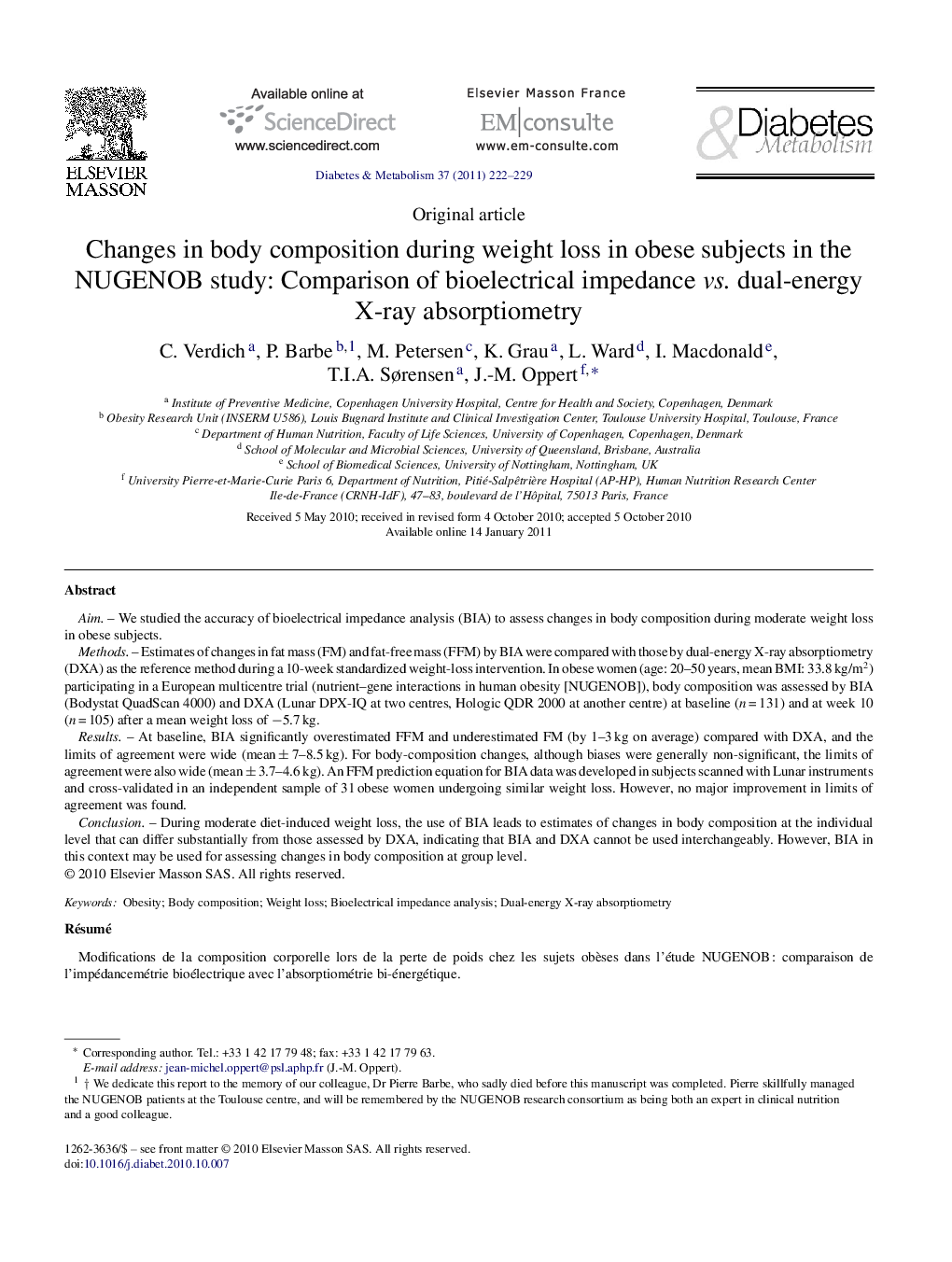 Changes in body composition during weight loss in obese subjects in the NUGENOB study: Comparison of bioelectrical impedance vs. dual-energy X-ray absorptiometry