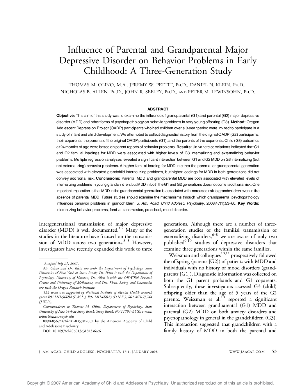 Influence of Parental and Grandparental Major Depressive Disorder on Behavior Problems in Early Childhood: A Three-Generation Study 