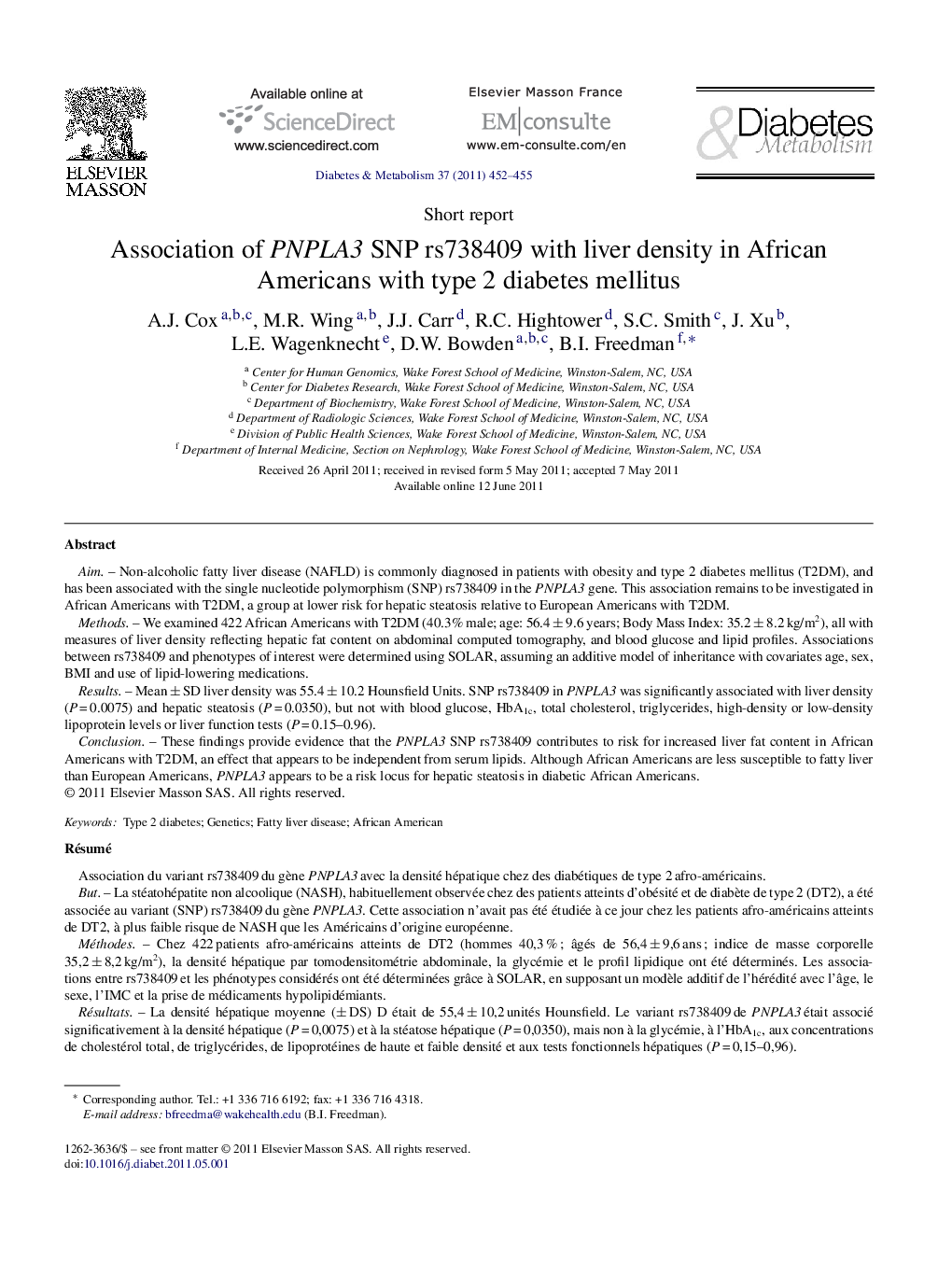 Association of PNPLA3 SNP rs738409 with liver density in African Americans with type 2 diabetes mellitus