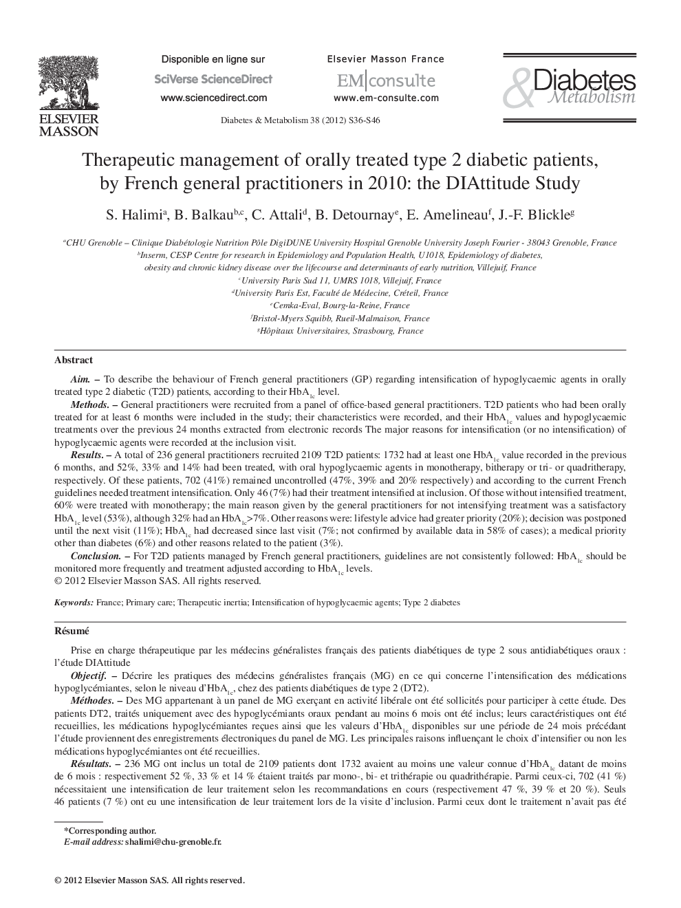 Therapeutic management of orally treated type 2 diabetic patients, by French general practitioners in 2010: the DIAttitude Study