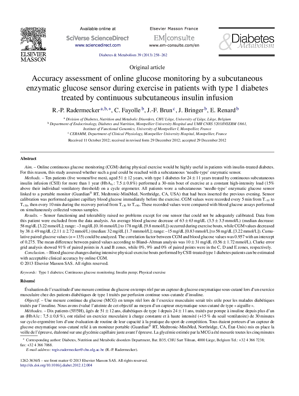 عکس صفحه اول مقاله: Accuracy assessment of online glucose monitoring by a subcutaneous enzymatic glucose sensor during exercise in patients with type 1 diabetes treated by continuous subcutaneous insulin infusion Accuracy assessment of online glucose monitoring by a subcutaneous enzymatic glucose sensor during exercise in patients with type 1 diabetes treated by continuous subcutaneous insulin infusion