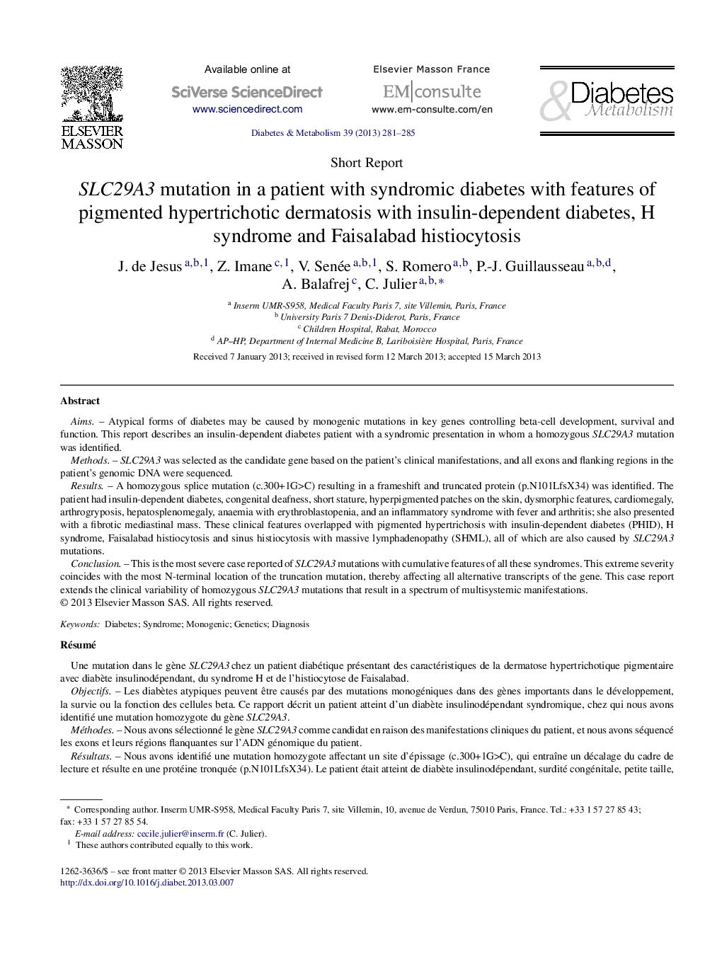 SLC29A3 mutation in a patient with syndromic diabetes with features of pigmented hypertrichotic dermatosis with insulin-dependent diabetes, H syndrome and Faisalabad histiocytosis