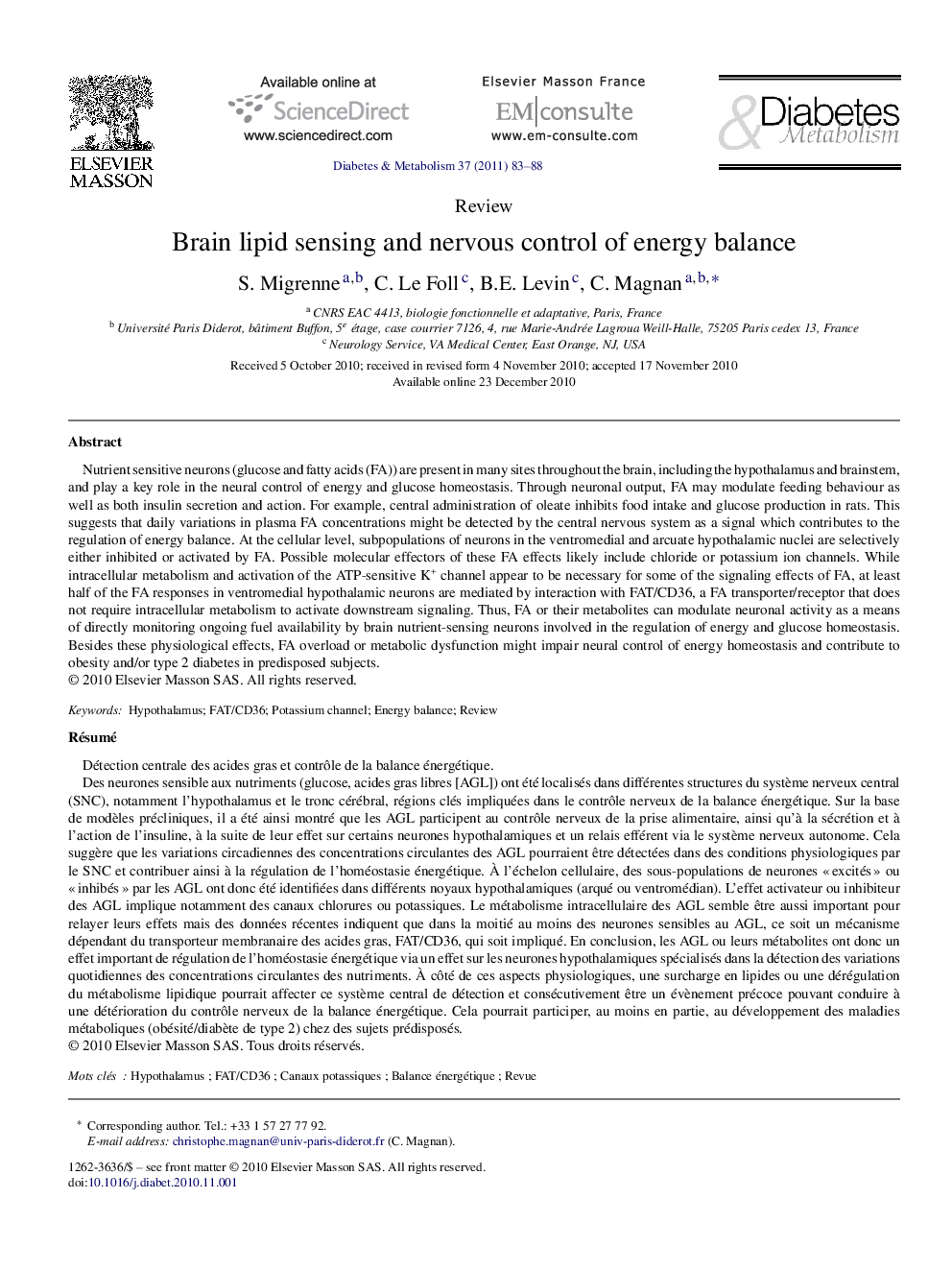 Brain lipid sensing and nervous control of energy balance