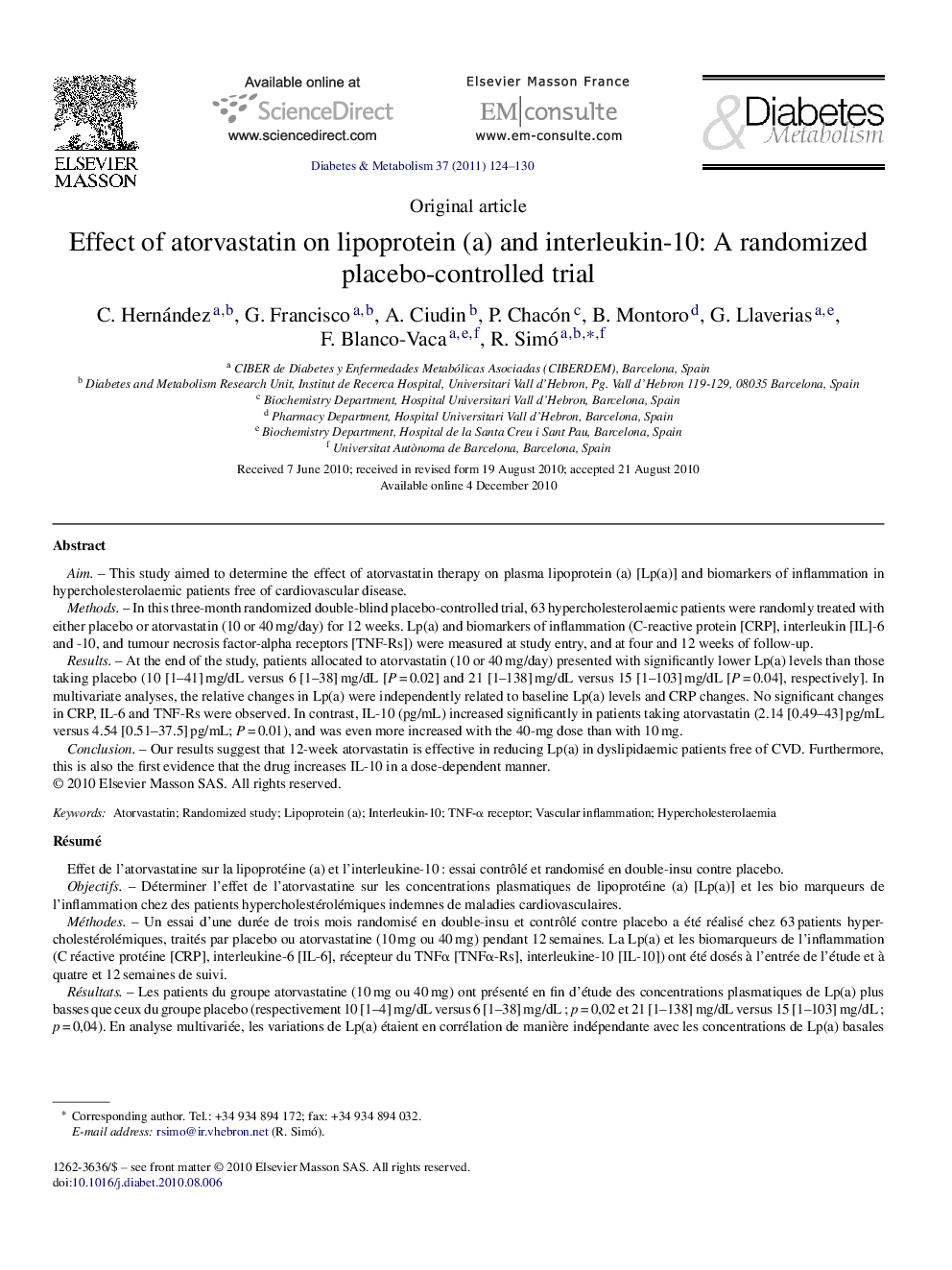 Effect of atorvastatin on lipoprotein (a) and interleukin-10: A randomized placebo-controlled trial