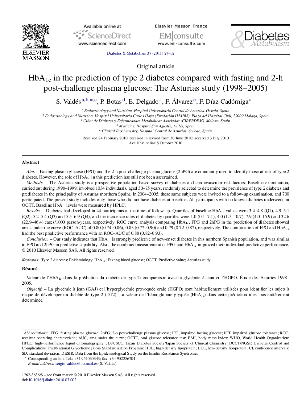 HbA1c in the prediction of type 2 diabetes compared with fasting and 2-h post-challenge plasma glucose: The Asturias study (1998–2005)