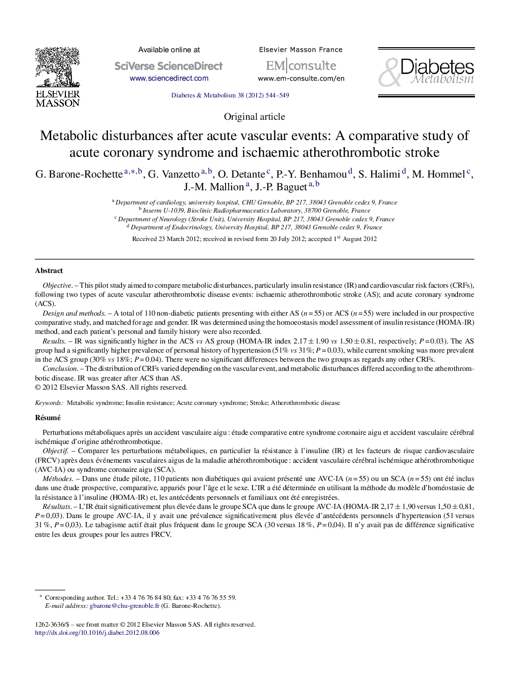 Metabolic disturbances after acute vascular events: A comparative study of acute coronary syndrome and ischaemic atherothrombotic stroke