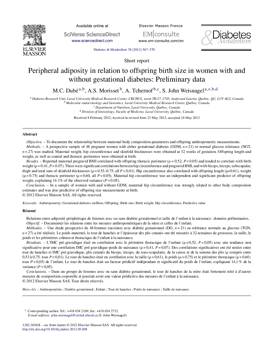 Peripheral adiposity in relation to offspring birth size in women with and without gestational diabetes: Preliminary data