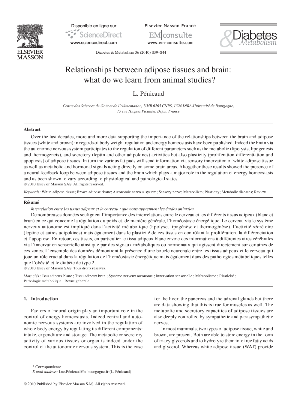 Relationships between adipose tissues and brain: what do we learn from animal studies?