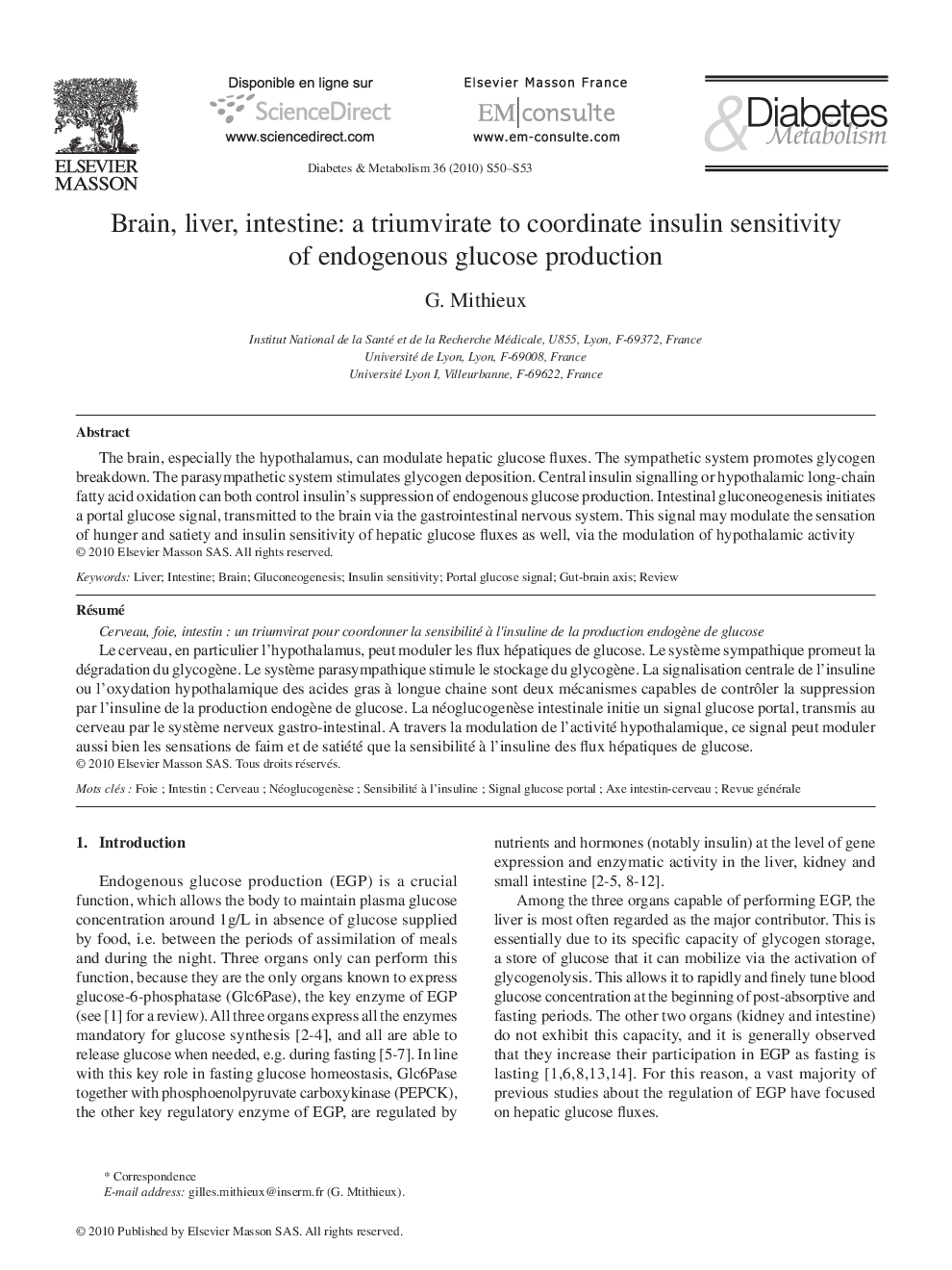 Brain, liver, intestine: a triumvirate to coordinate insulin sensitivity of endogenous glucose production