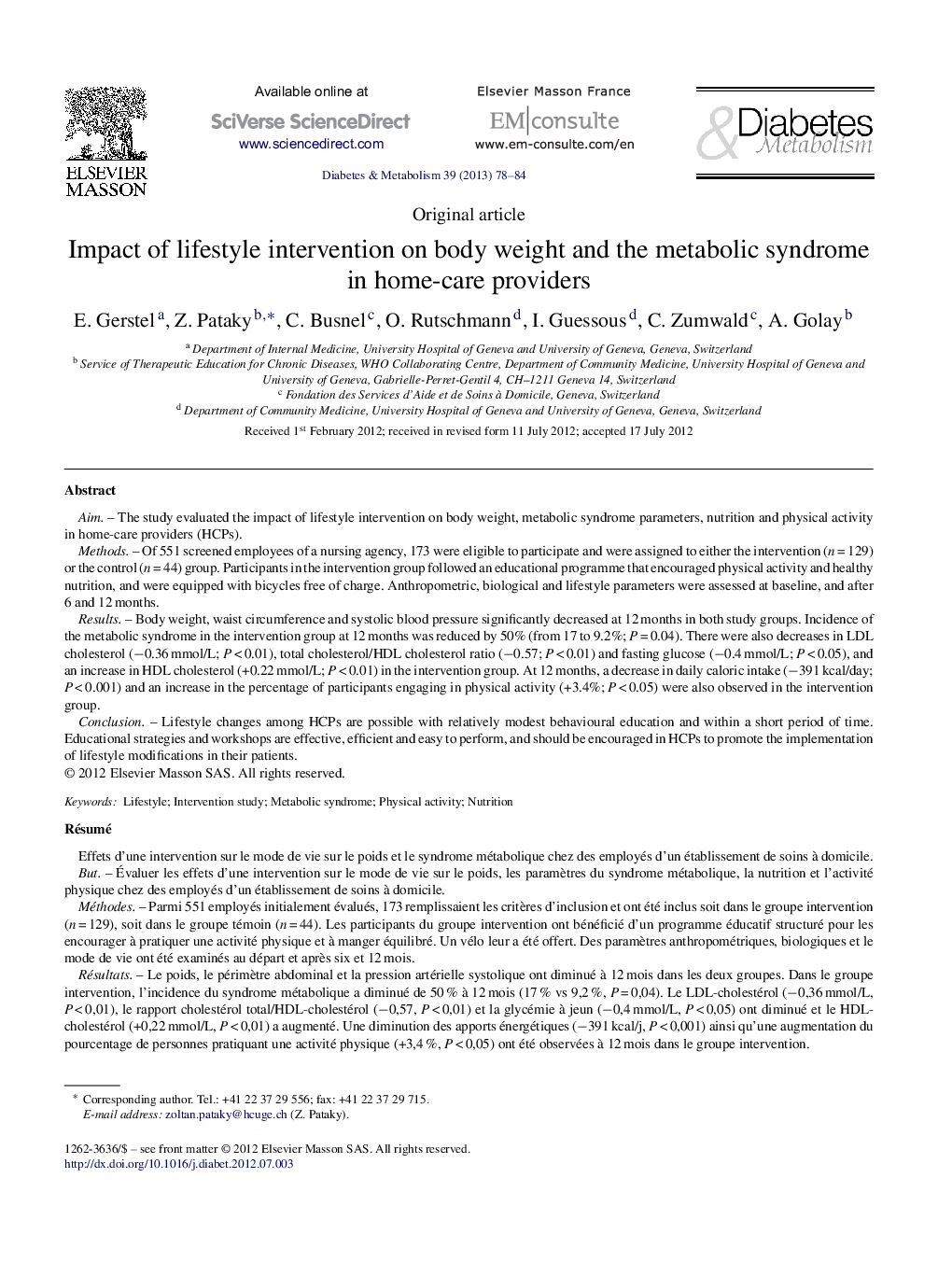 Impact of lifestyle intervention on body weight and the metabolic syndrome in home-care providers