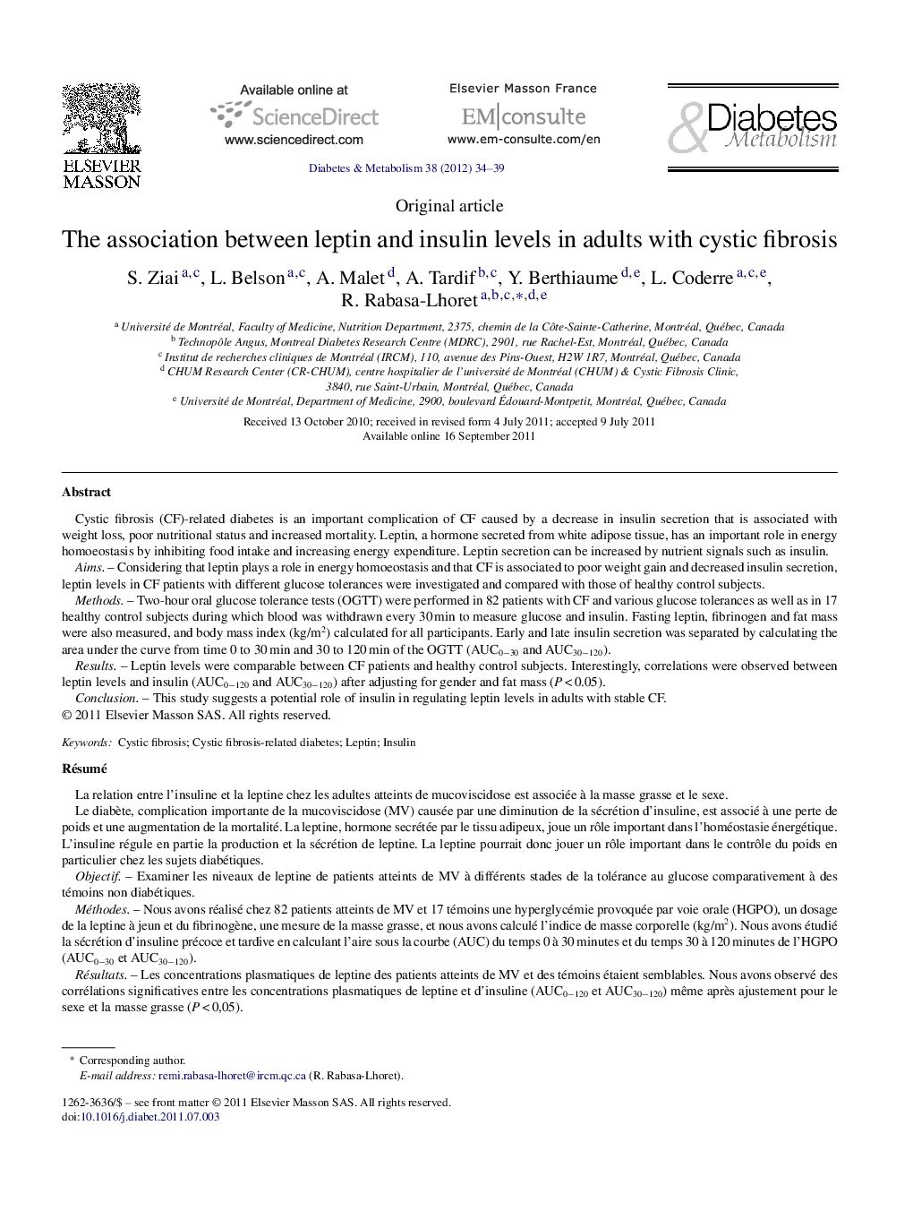 The association between leptin and insulin levels in adults with cystic fibrosis