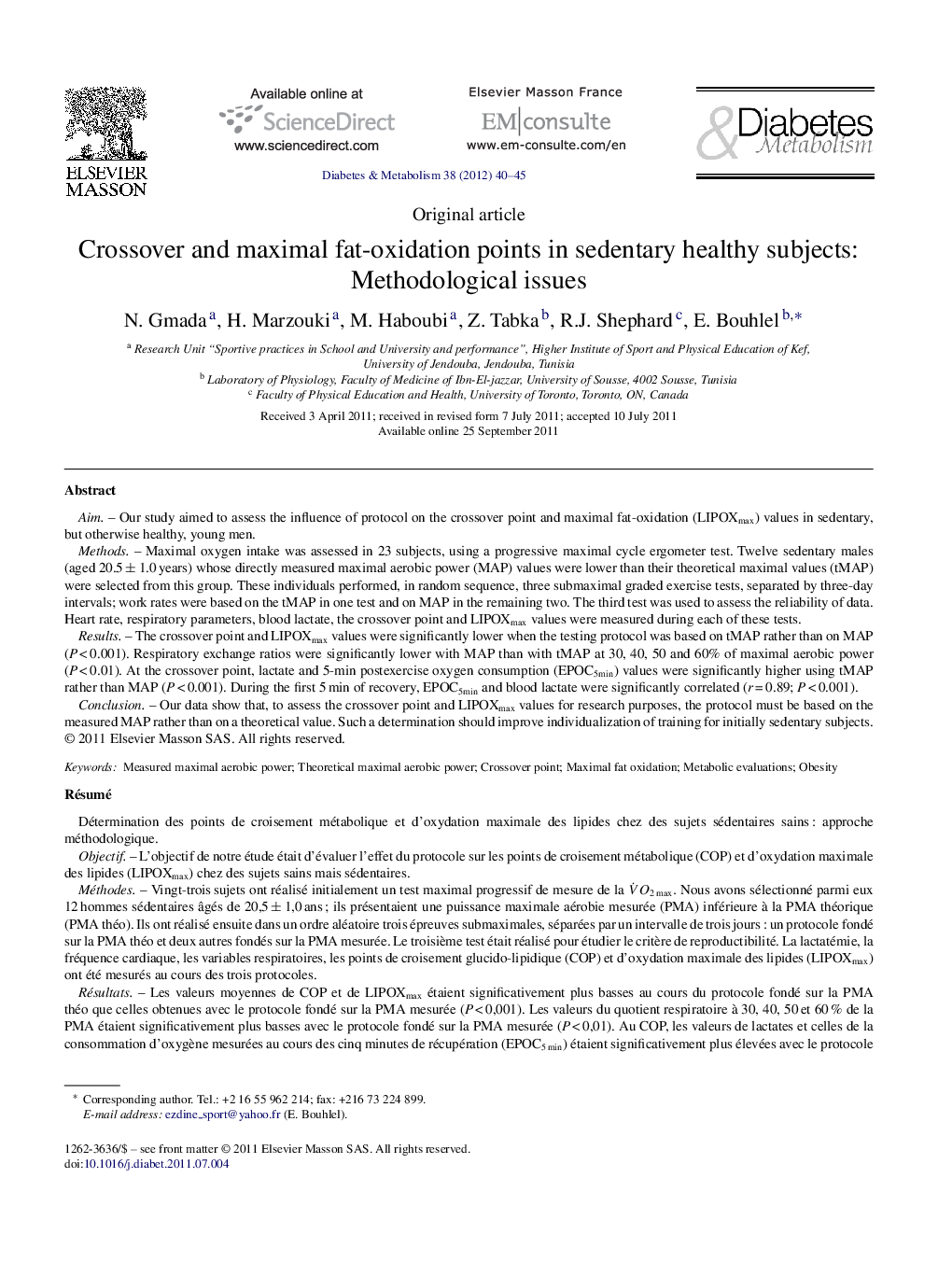 Crossover and maximal fat-oxidation points in sedentary healthy subjects: Methodological issues