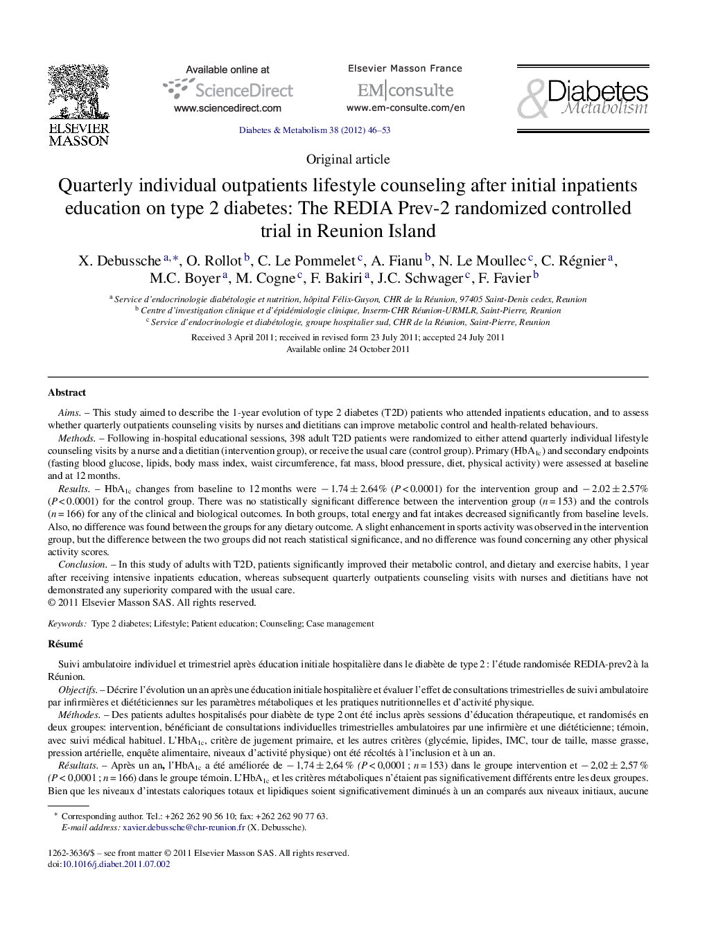 Quarterly individual outpatients lifestyle counseling after initial inpatients education on type 2 diabetes: The REDIA Prev-2 randomized controlled trial in Reunion Island