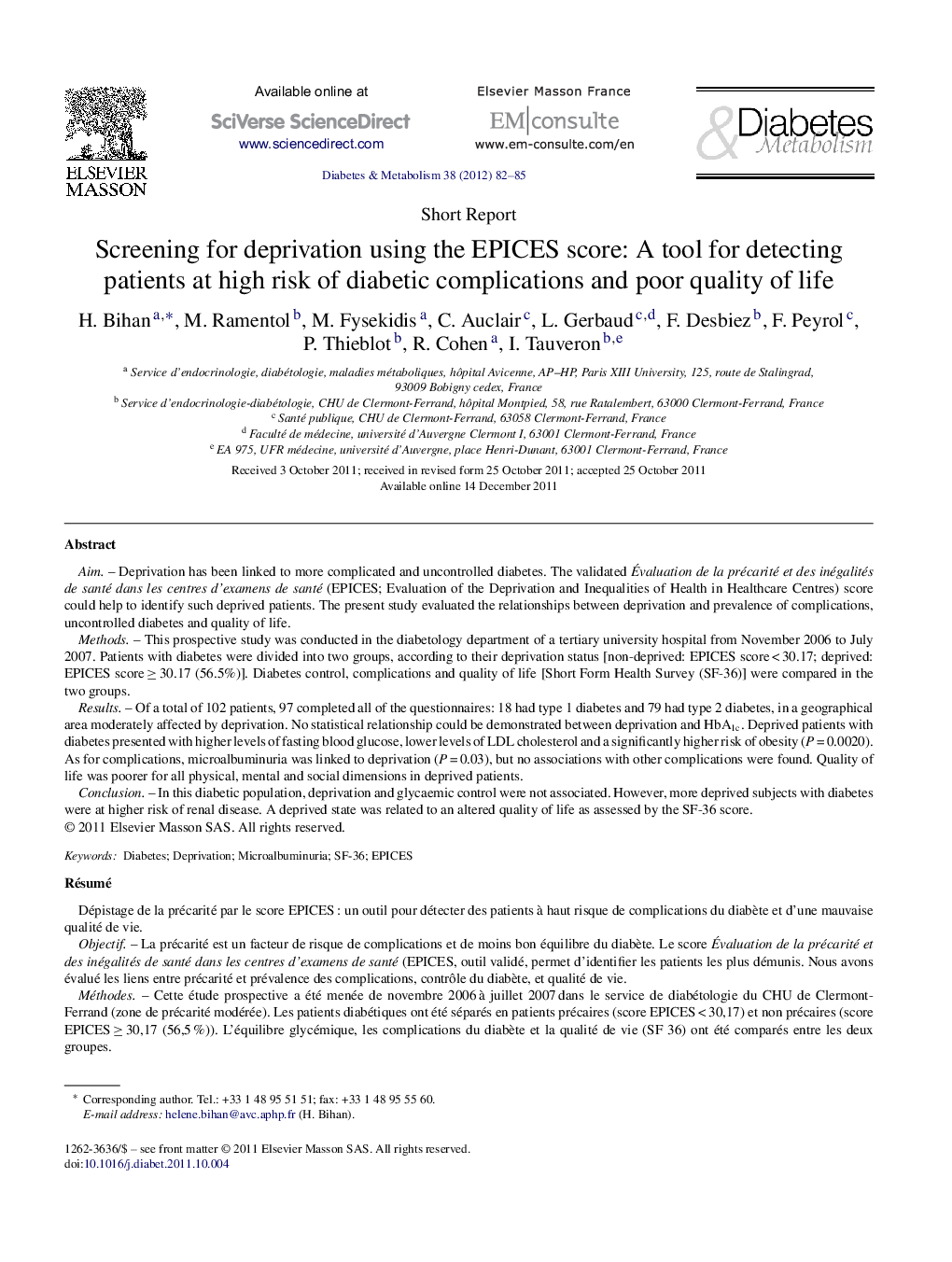 Screening for deprivation using the EPICES score: A tool for detecting patients at high risk of diabetic complications and poor quality of life