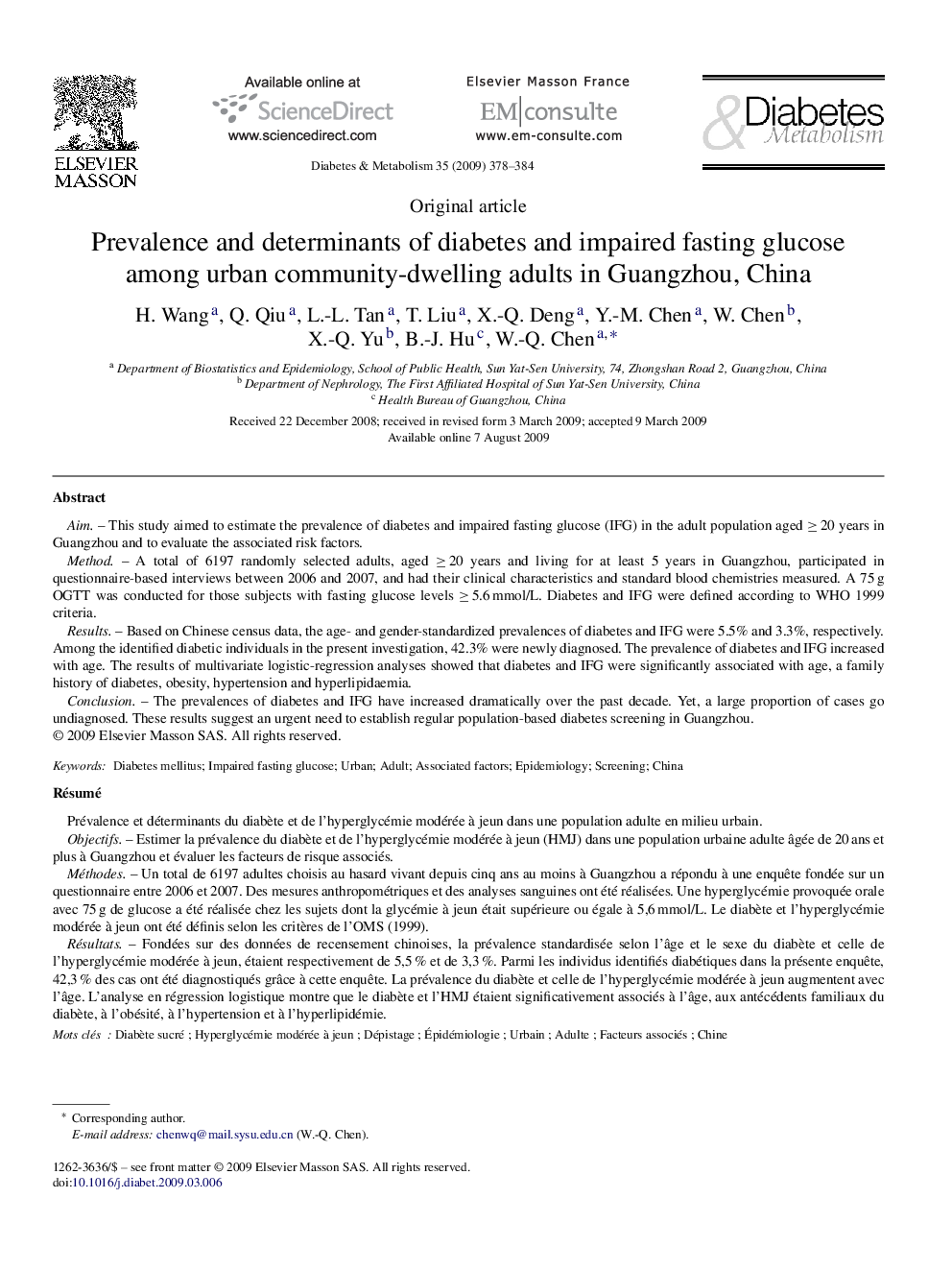 Prevalence and determinants of diabetes and impaired fasting glucose among urban community-dwelling adults in Guangzhou, China