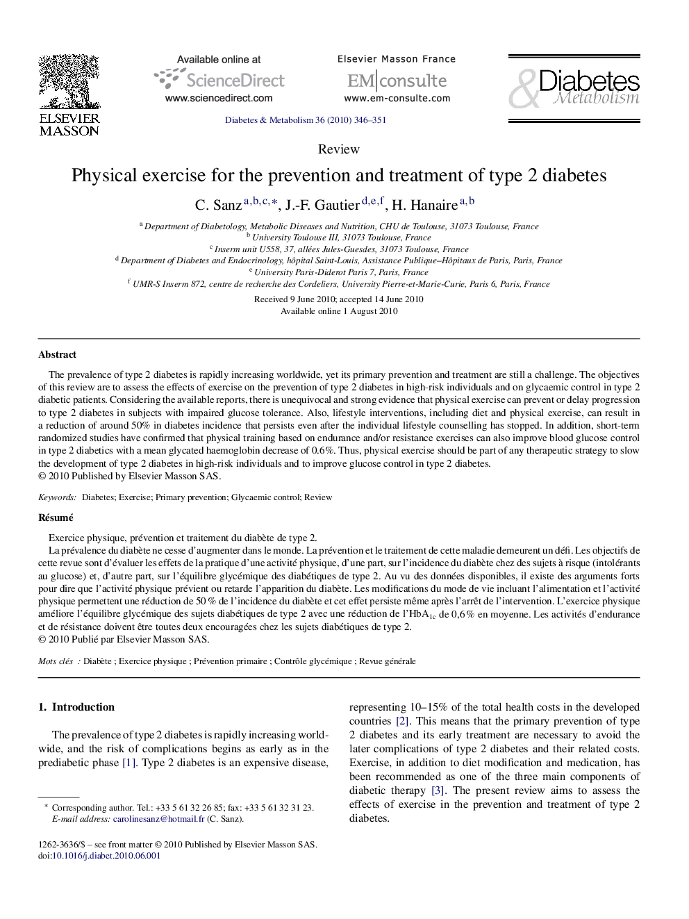 Physical exercise for the prevention and treatment of type 2 diabetes