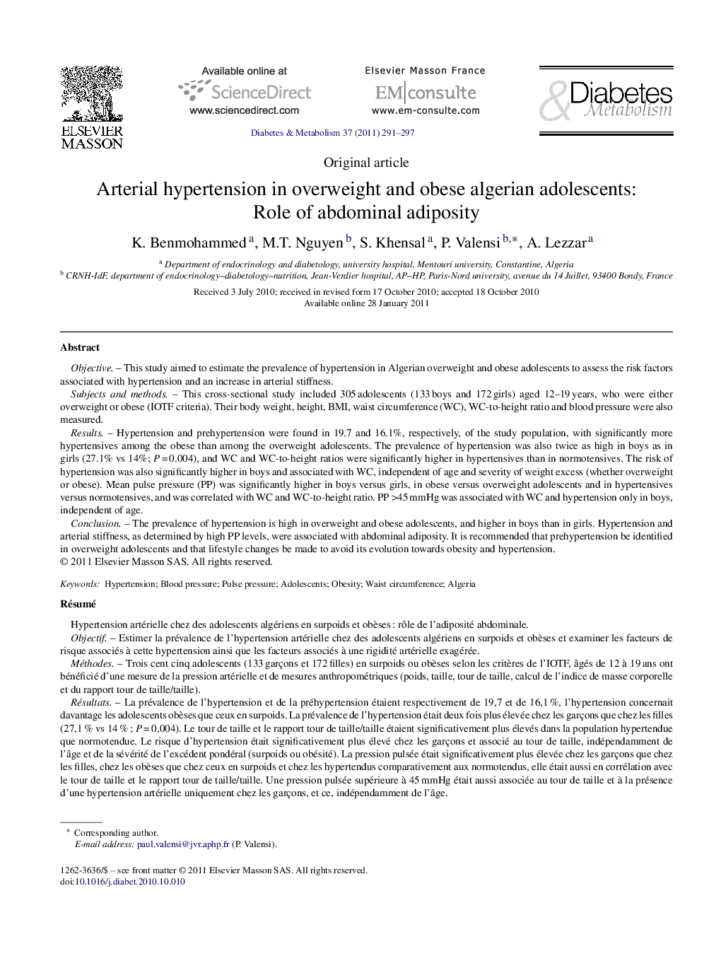 Arterial hypertension in overweight and obese algerian adolescents: Role of abdominal adiposity