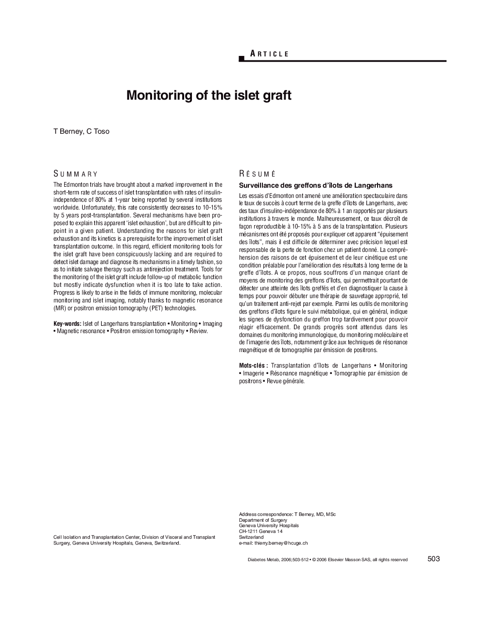 Monitoring of the islet graft