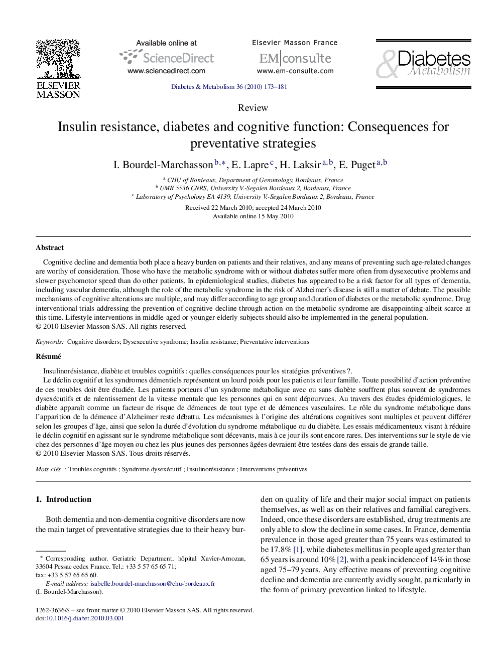 Insulin resistance, diabetes and cognitive function: Consequences for preventative strategies