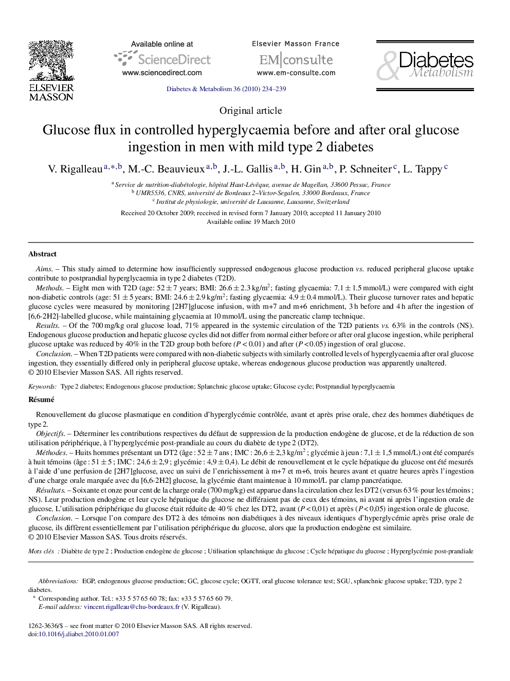 Glucose flux in controlled hyperglycaemia before and after oral glucose ingestion in men with mild type 2 diabetes