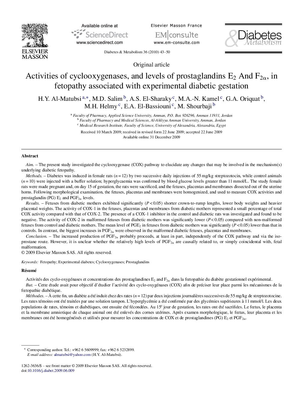 Activities of cyclooxygenases, and levels of prostaglandins E2 And F2α, in fetopathy associated with experimental diabetic gestation