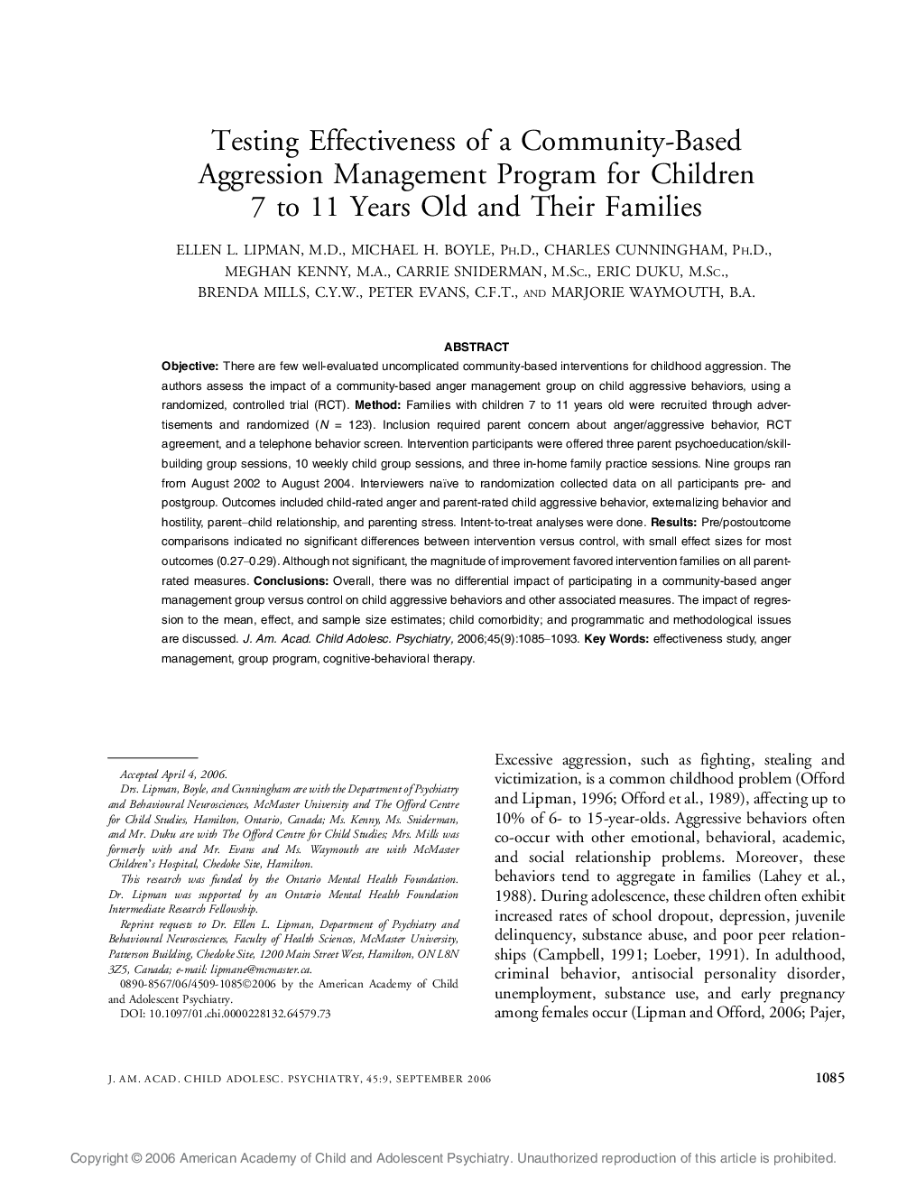 Testing Effectiveness of a Community-Based Aggression Management Program for Children 7 to 11 Years Old and Their Families 