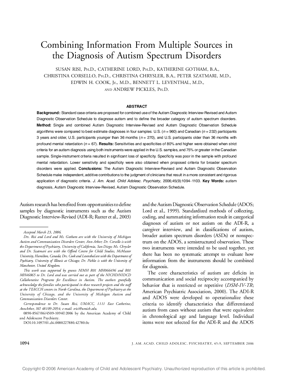 Combining Information From Multiple Sources in the Diagnosis of Autism Spectrum Disorders 