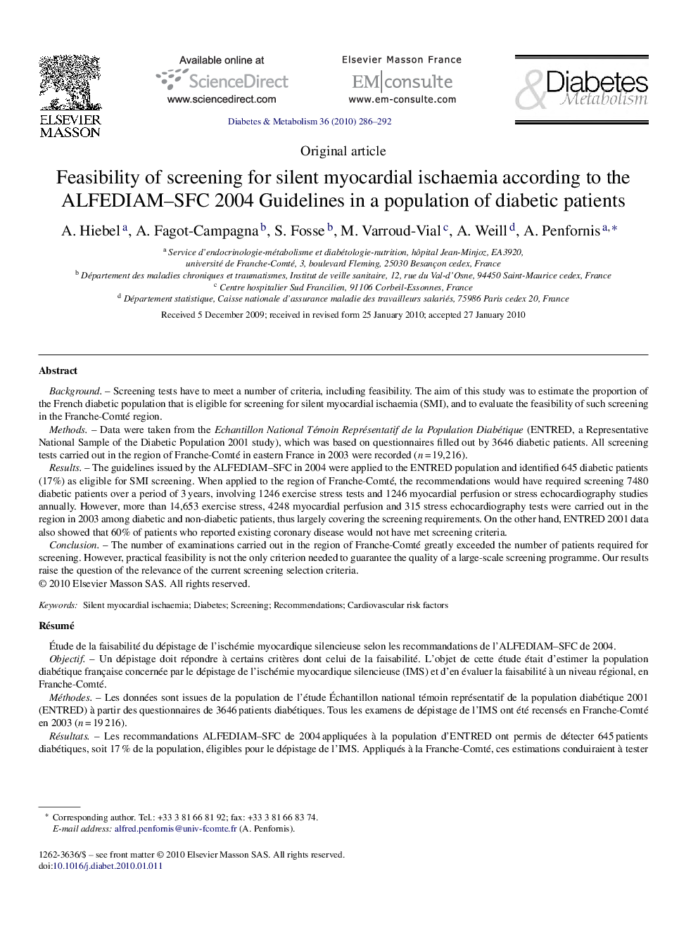 Feasibility of screening for silent myocardial ischaemia according to the ALFEDIAM–SFC 2004 Guidelines in a population of diabetic patients