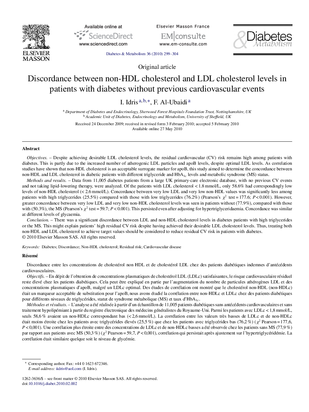 Discordance between non-HDL cholesterol and LDL cholesterol levels in patients with diabetes without previous cardiovascular events