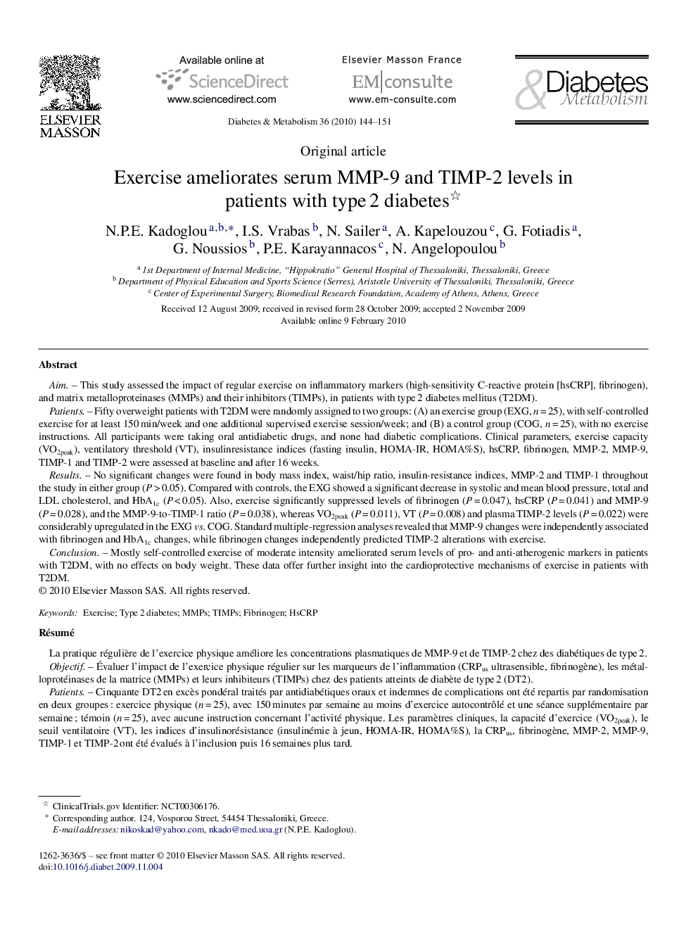 عکس صفحه اول مقاله: Exercise ameliorates serum MMP-9 and TIMP-2 levels in patients with type 2 diabetes Exercise ameliorates serum MMP-9 and TIMP-2 levels in patients with type 2 diabetes
