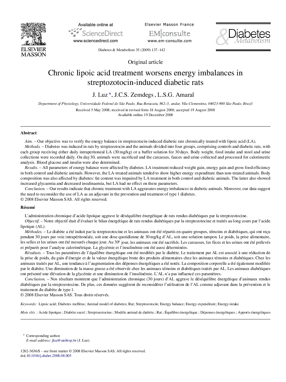 Chronic lipoic acid treatment worsens energy imbalances in streptozotocin-induced diabetic rats