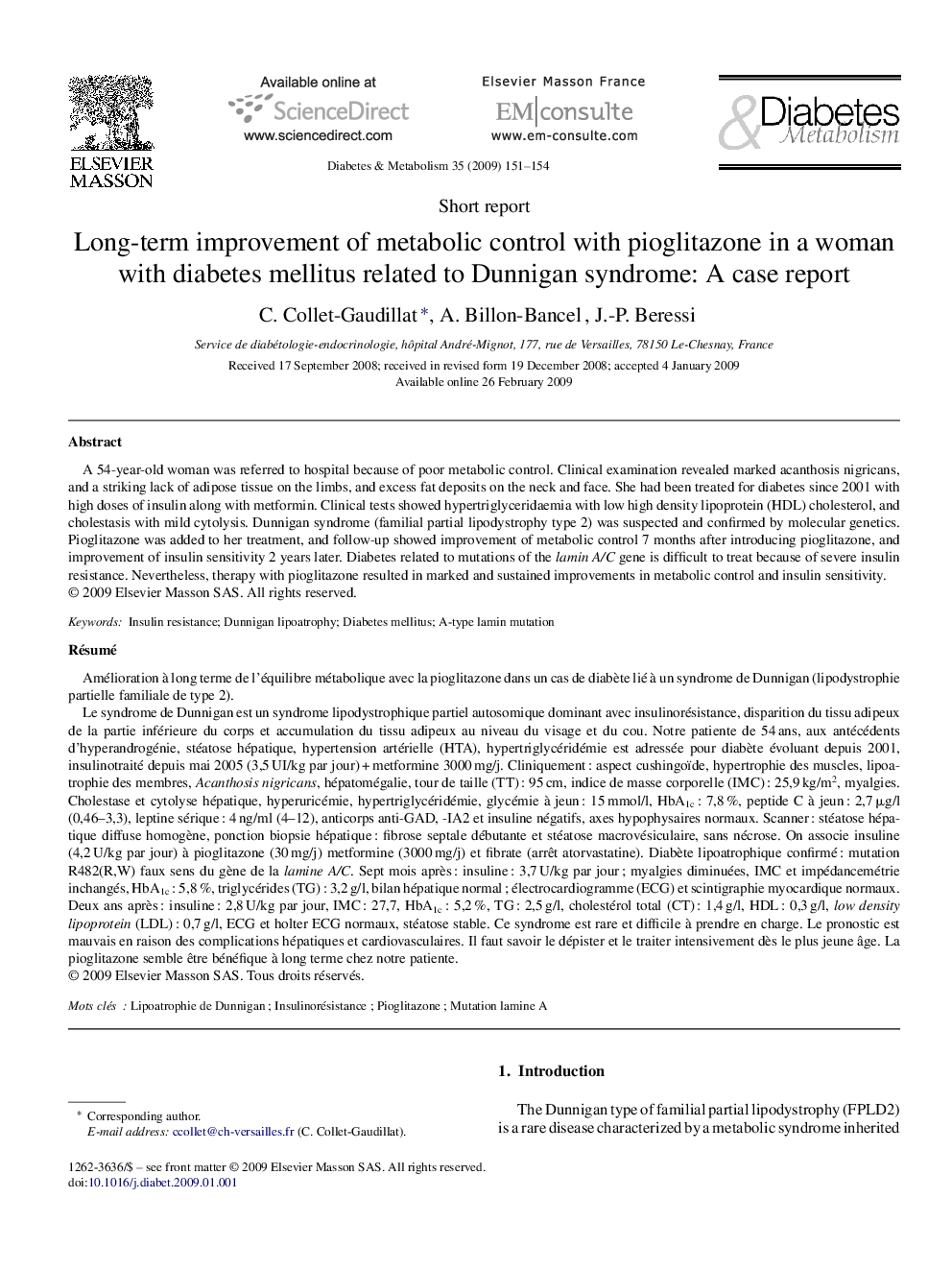 Long-term improvement of metabolic control with pioglitazone in a woman with diabetes mellitus related to Dunnigan syndrome: A case report