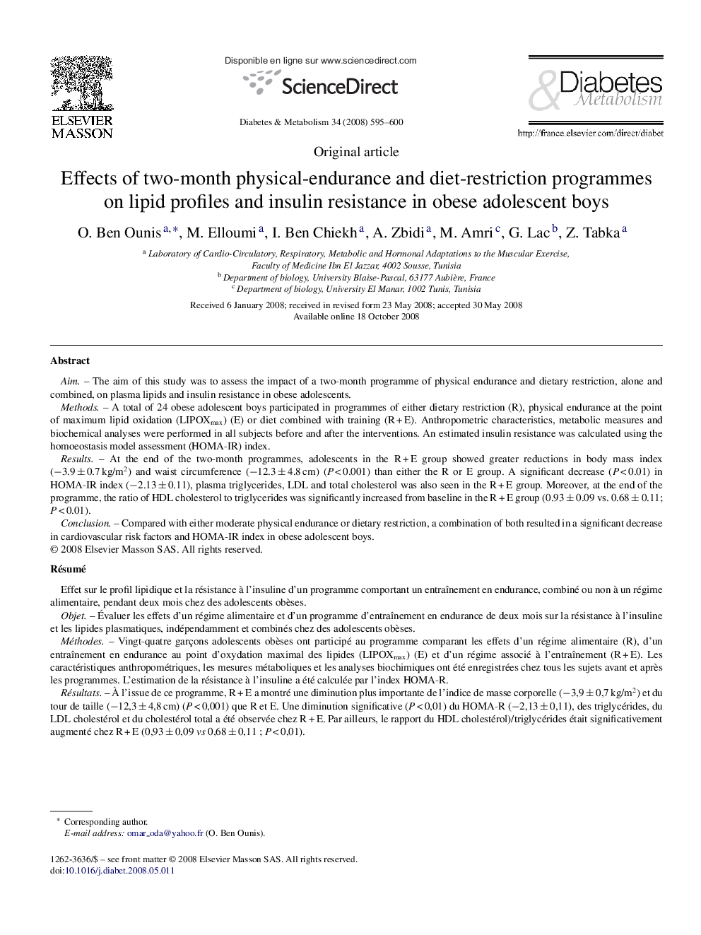 Effects of two-month physical-endurance and diet-restriction programmes on lipid profiles and insulin resistance in obese adolescent boys