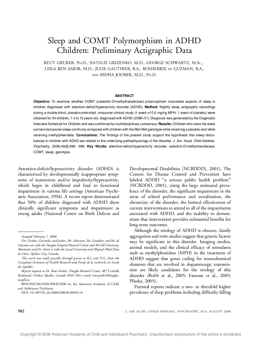 Sleep and COMT Polymorphism in ADHD Children: Preliminary Actigraphic Data 