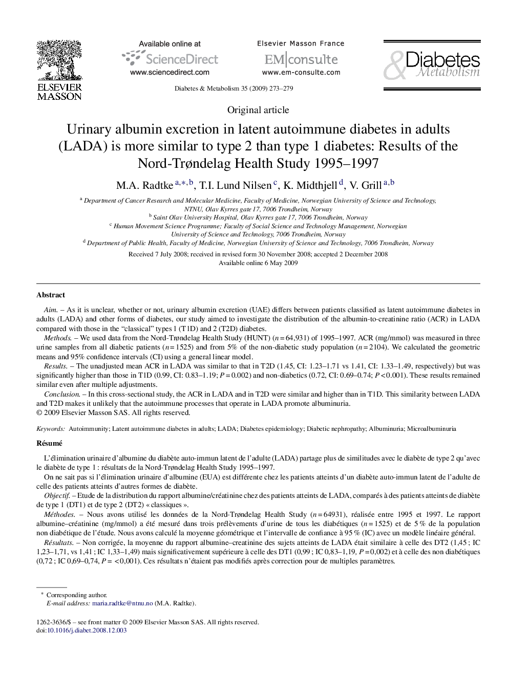 Urinary albumin excretion in latent autoimmune diabetes in adults (LADA) is more similar to type 2 than type 1 diabetes: Results of the Nord-Trøndelag Health Study 1995–1997