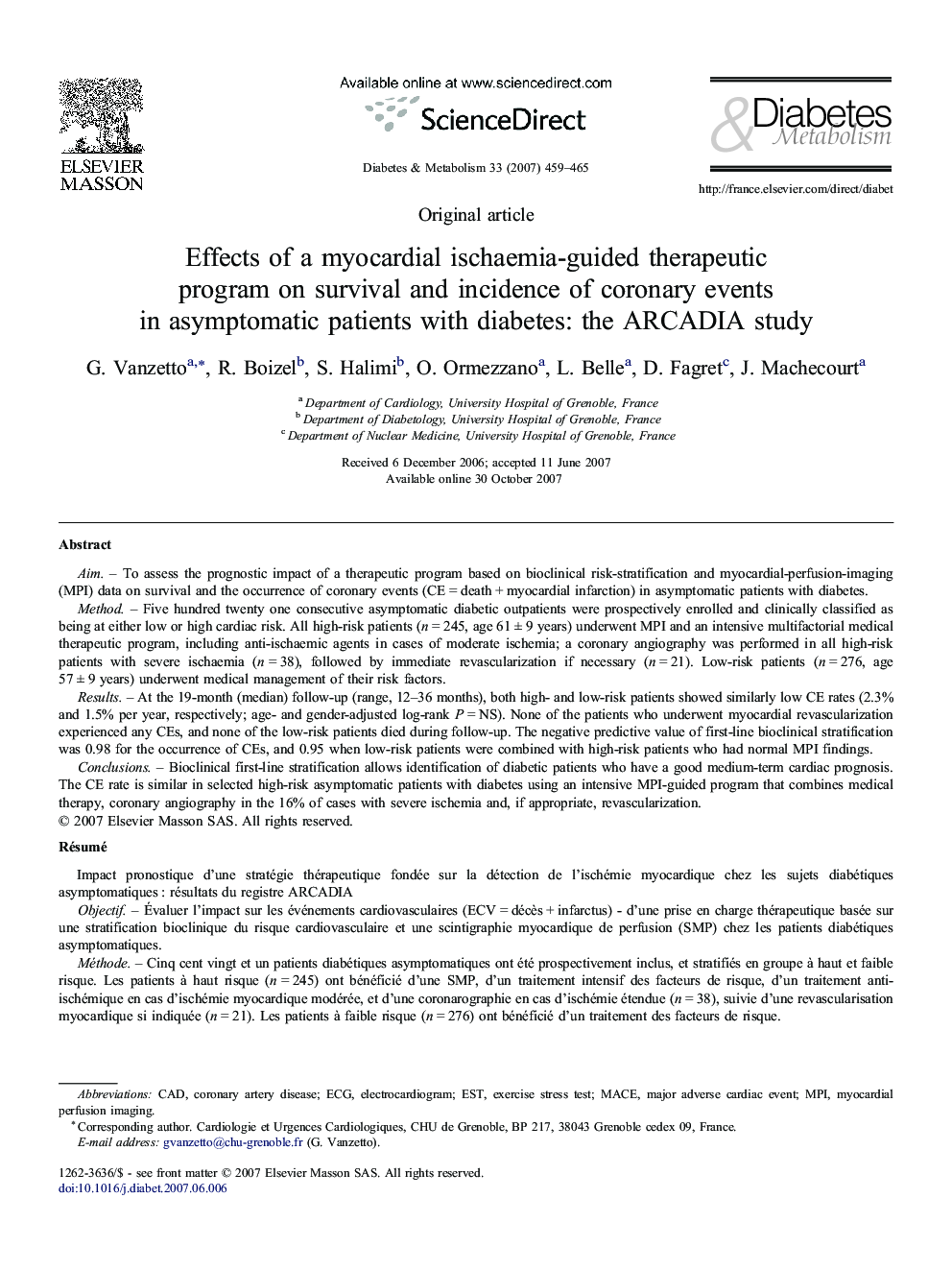 Effects of a myocardial ischaemia-guided therapeutic program on survival and incidence of coronary events in asymptomatic patients with diabetes: the ARCADIA study