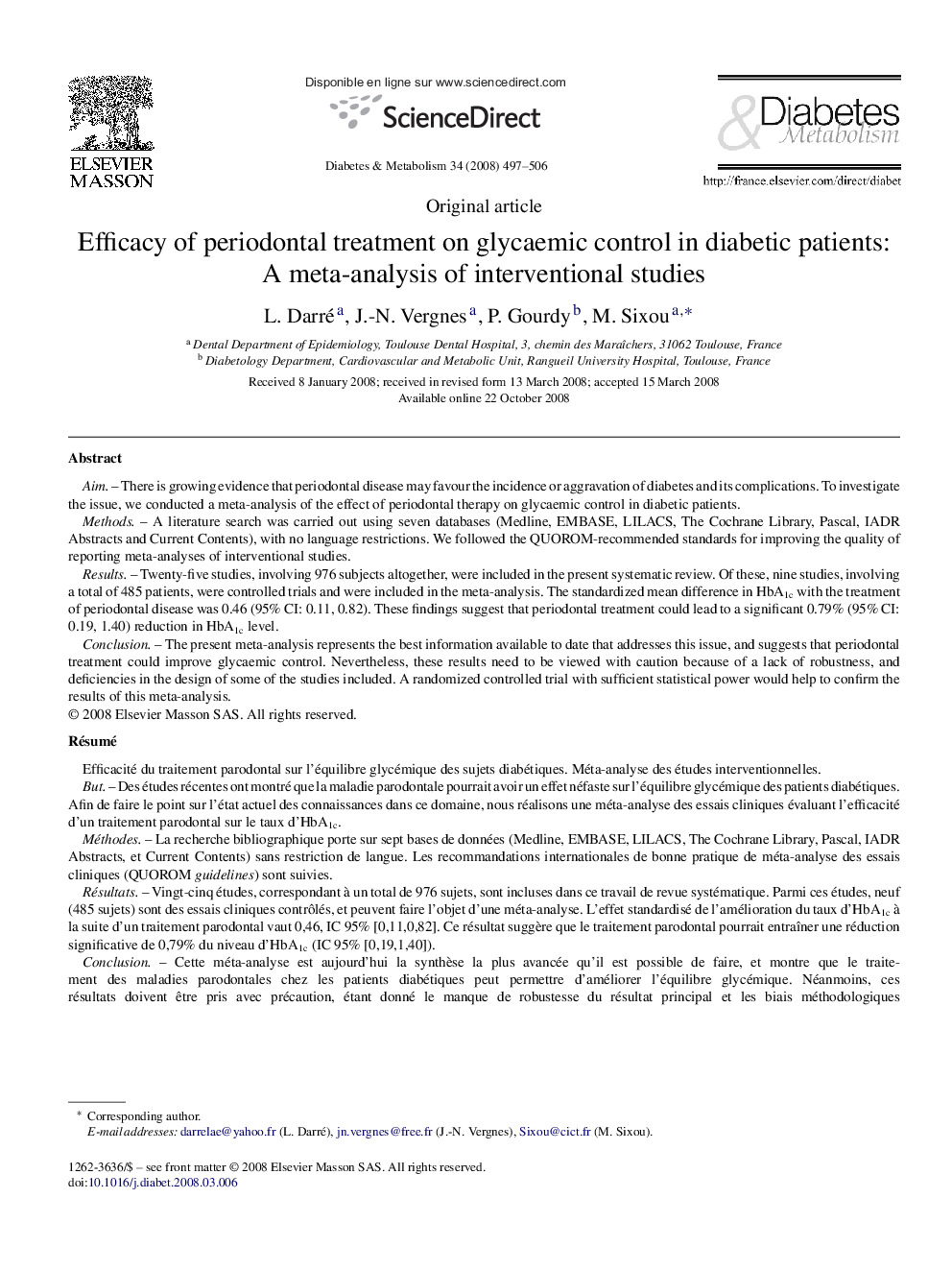 Efficacy of periodontal treatment on glycaemic control in diabetic patients: A meta-analysis of interventional studies