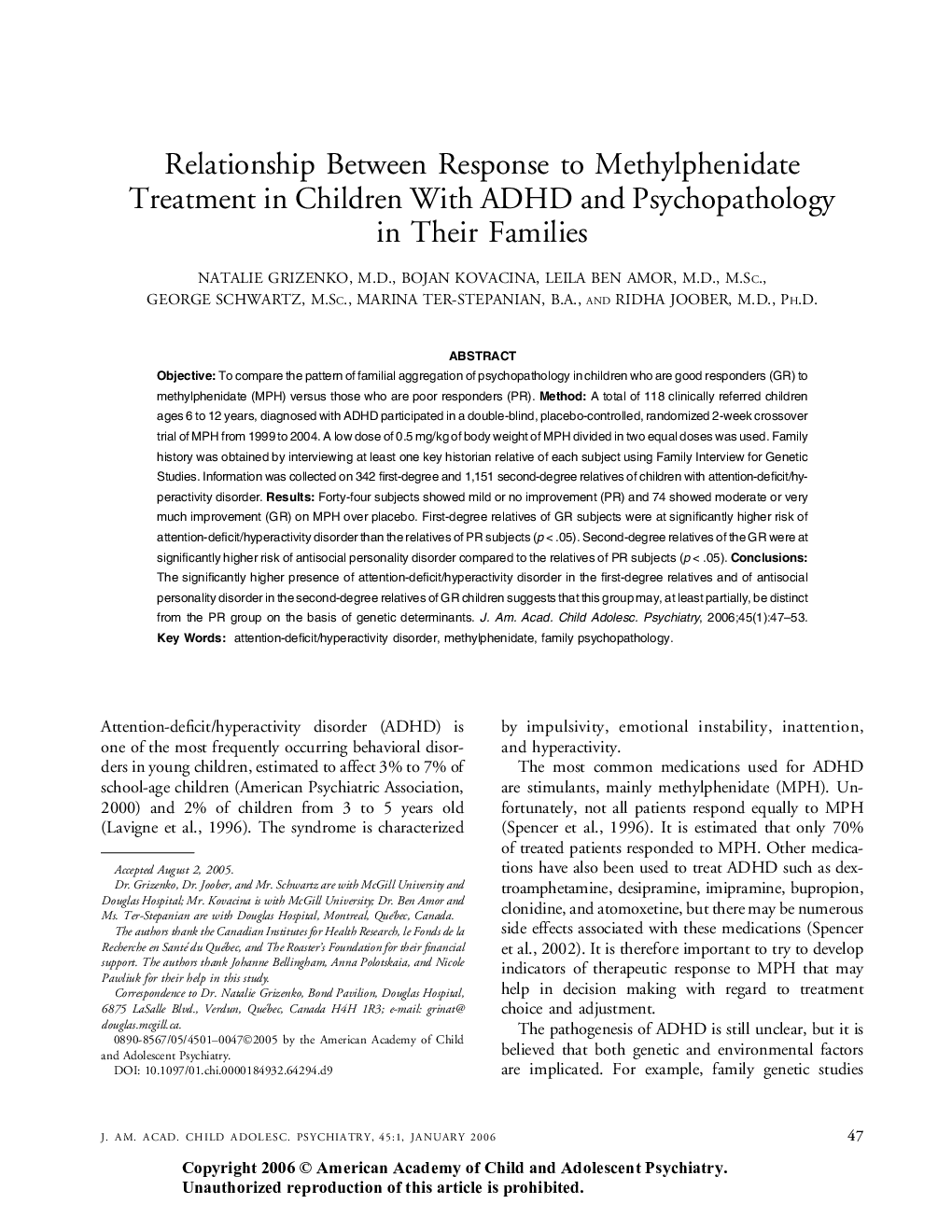 Relationship Between Response to Methylphenidate Treatment in Children With ADHD and Psychopathology in Their Families 