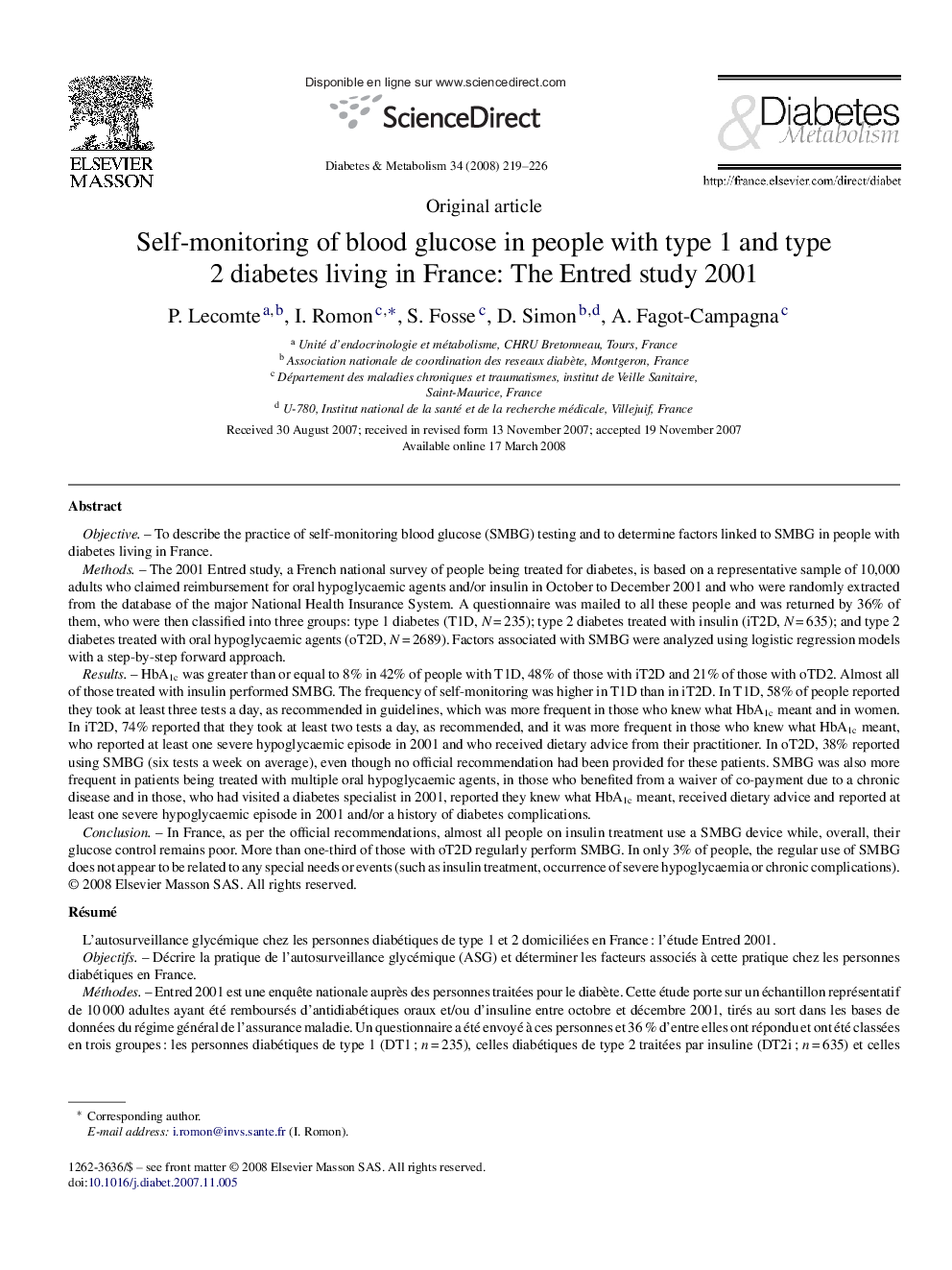 Self-monitoring of blood glucose in people with type 1 and type 2 diabetes living in France: The Entred study 2001