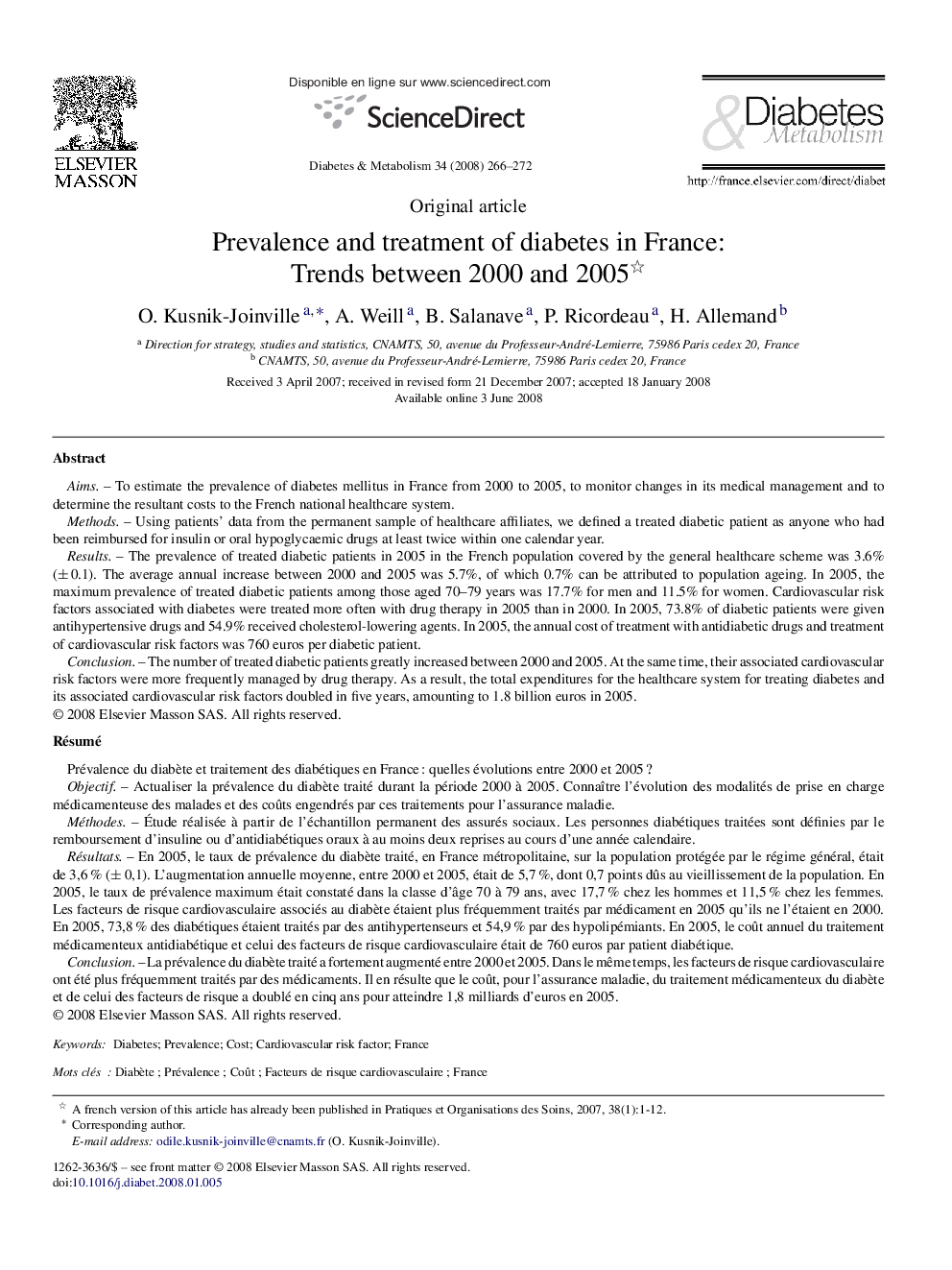 Prevalence and treatment of diabetes in France: Trends between 2000 and 2005 