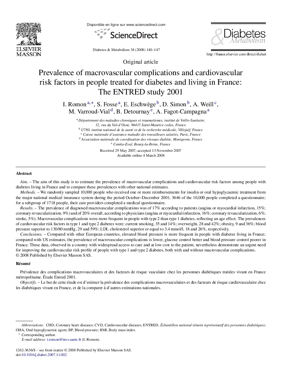 Prevalence of macrovascular complications and cardiovascular risk factors in people treated for diabetes and living in France: The ENTRED study 2001