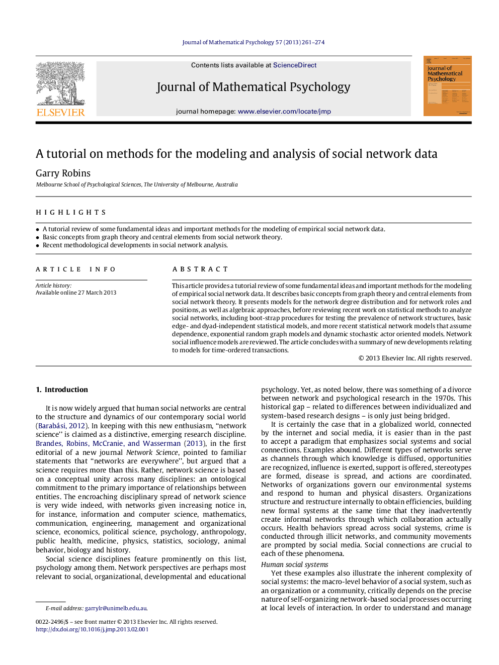 عکس صفحه اول مقاله: A tutorial on methods for the modeling and analysis of social network data A tutorial on methods for the modeling and analysis of social network data