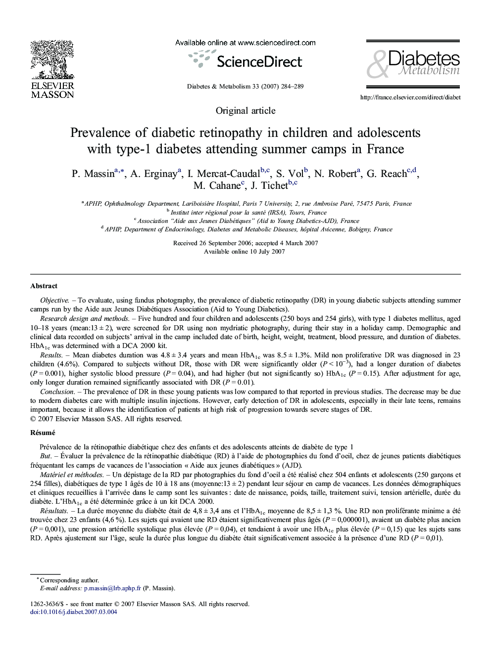Prevalence of diabetic retinopathy in children and adolescents with type-1 diabetes attending summer camps in France