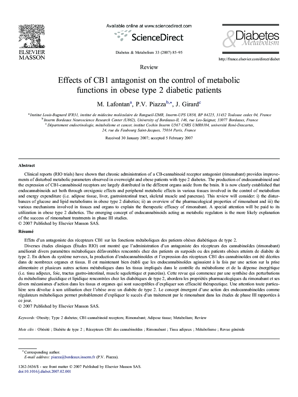 Effects of CB1 antagonist on the control of metabolic functions in obese type 2 diabetic patients