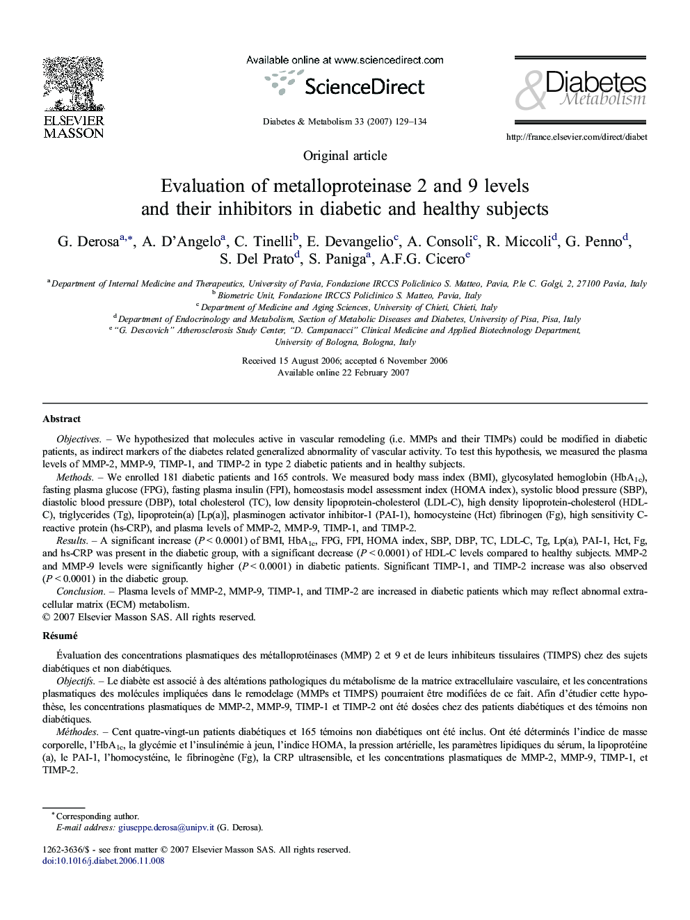 Evaluation of metalloproteinase 2 and 9 levels and their inhibitors in diabetic and healthy subjects