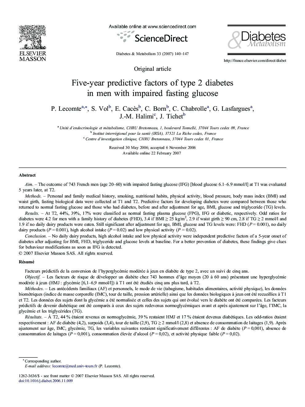 Five-year predictive factors of type 2 diabetes in men with impaired fasting glucose