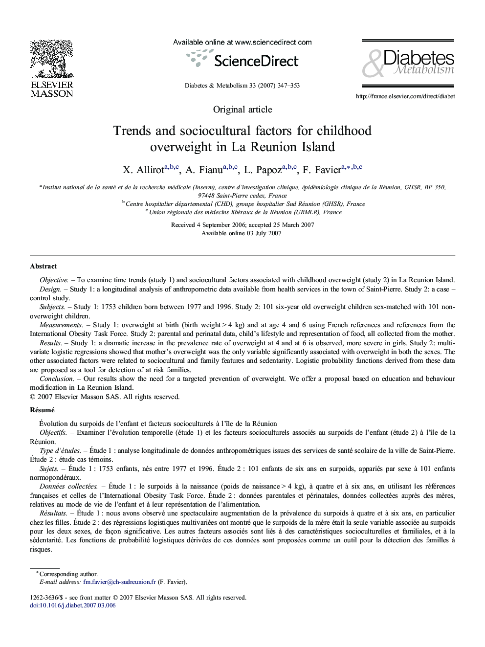 Trends and sociocultural factors for childhood overweight in La Reunion Island